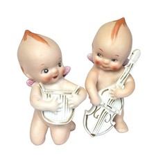NAPCO Kewpie Figurines Instruments Two Porcelain Pink Wings Silver Sticker Japan picture