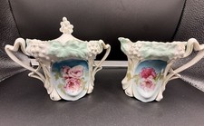 Antique RS Prussia Red Mark Snowdrop Mold Creamer & Sugar Set Repaired Crack picture