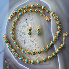 Estate Turquoise 18K Yellow Gold Over Necklace, Bracelet & Earrings Jewelry Set picture