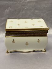  Porcelain Jewelry Ormolu Casket Dresser Box With Gold Fleur De Lis Design  picture