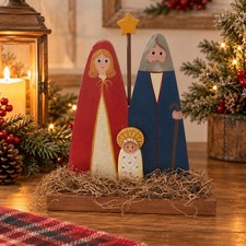 Vintage 1987 Wood Nativity Holy Family Mary Joseph Baby Jesus Folk Art picture