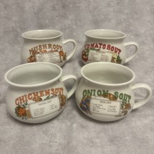 Vintage Recipe Soup Mug Bowl Set of 4 Chicken Mushroom Onion Tomato Stoneware picture