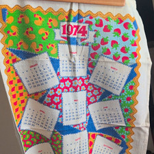 1974 Calendar Advertising Tea Towel, Patchwork Fruit Print, Multicolor picture