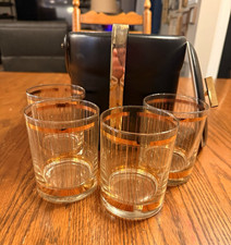Vintage Georges Briard Ice Bucket 4 Gold Stripe Glasses Tongs MCM Barware Set picture