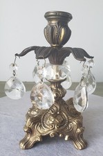 Vintage Brass Gold Ornate Candle Holder MCM Glass Prisms Hollywood Regency picture