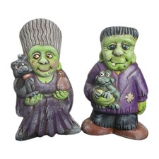 Vtg Hand Painted Ceramic Mr & Mrs Frankenstein Pumpkin Halloween Figurines RARE picture