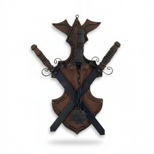 Vintage Medieval Style Wall Plaque Wood Shield Crossed Swords Mace Decor picture
