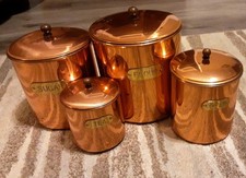 Vtg  Copper Tone And Brass Cannister Set Flour Sugar Coffee Tea picture