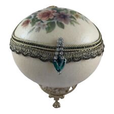 VTG Ostrich Egg Bride Jewelry Music Box  Hand Painted Green Jewels Brass Ped. picture