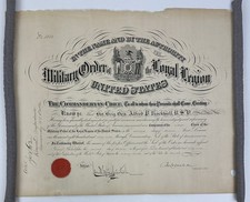 George Cadwalader / ORIGINAL MEMBERSHIP CERTIFICATE MILITARY ORDER Signed 1869 picture