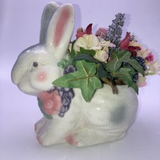 Ceramic Easter Bunny Rabbit Planter White With Multicolored Flowers 6x5.5 picture