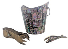 3pc -Vtg Ice Bucket Abalone Shell Inlay Alpaca Silver Mexico Tongs with opener picture