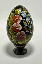 Authentic Ukrainian Artisan Pysanka Egg W/Stand Hand Painted Red Blue Flowers  picture