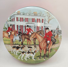 Vintage English Fox Hunt Cookie Tin Horse Riders Hounds Equestrian 6.5