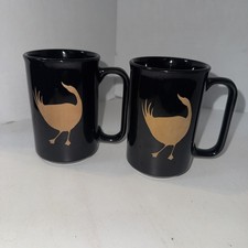 Wild Goose Tavern Pair of 2 Black Ceramic Mugs Tan Gold Goose Silhouette Set picture
