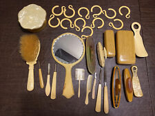 Vintage Celluloid Dresser Set Items Mirror Brush Hair Reciever Tray Etc Vanity picture