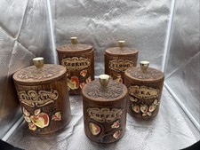 Vtg Mcm Treasure Craft Canister Set Of 5 Cookies,Sugar,Flour,Coffee,Tea DMG Pics picture