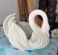 Vintage Off-White Ceramic Swan Planter Art Deco Style Glazed Pottery Catchall picture
