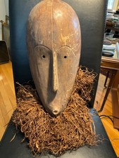 Vintage African Congo Lega Bwami Society Tribal Mask w/ Raffia Beard picture