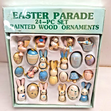Easter Parade 24 Pc Painted Wood Ornaments Bunny Rabbit Eggs Chicks Set w/ Box picture