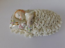 MV IRISH DRESDEN FIGURE PORCELAIN LACE BABY CUDDLING BUNNY - MINT - IRELAND picture