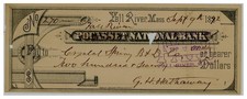 1892 Fall River Massachusetts Bank Check G.H. Hathaway to Crystal Spring B&D C picture
