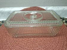 Vtg Anchor Hocking Rectangular Clear Glass Ribbed Refrigerator Dish & Lid  picture