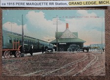 ca 1915 PERE MARQUETTE RR Station, GRAND LEDGE, MICHIGAN. COLOR LITHO POSTCARD picture