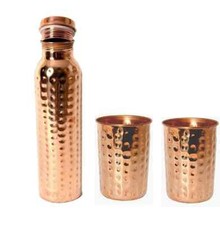 Pure Hammered Copper Water Bottle With 2 Hammered Glass Set Of 3 For Ayurveda picture