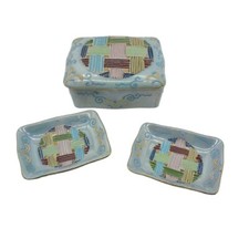 Vintage L'Amour China Hand Painted Trinket Box & 2 Small Trays Dish Set Woven Ba picture