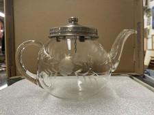 Rare Antique 1920’s Pyrex Etched Glass Teapot Frederick Carder Corning Metal Lid picture