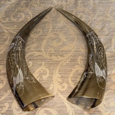 Carved Water Buffalo Horns Pair 22” Tall picture