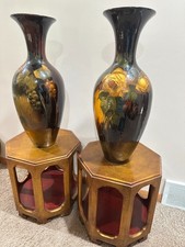ANTIQUE LARGE  PAIR OF WELLER LOUWELSA VASES WITH  MATCHING WOOD STANDS SIGNED. picture