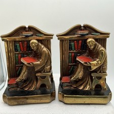 Vintage Marion Bronze Co Reading Monk Bookends Pair Cast Metal Gold Bronze 6 Lbs picture