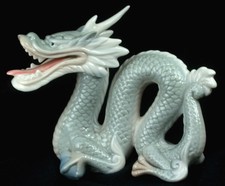 Vintage Yoshimi K Porcelain Foo Dragon Figurine Grey White Blue Sphere Japan picture