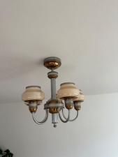 Vtg Antique 1938 Gill Glass Art Deco Sherwood 5 Arm Custard Shade Chandelier picture
