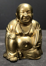 Vtg 1940s Asian Brass Buddha Statue Figurine Sitting Smiling 3