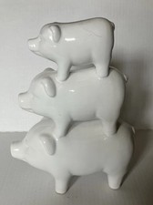 White Ceramic Three Stacked Pigs Figurine 10 X 8 Inches Country Farmhouse Style picture