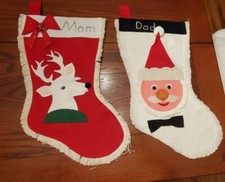 Pair Vintage Felt Applique Mom Dad Santa Reindeer Christmas Stockings 19.5