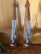Pair of Vtg Wooden Wall Sconces Candle Holders Woodcraftery w Glass Chimneys 25