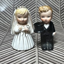 Vintage MCM Porcelain Bride & Groom Cake Topper Wedding Decor Blonde picture