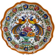 Vtg Skyros Greek 9.25” Handpainted Pottery Wall Hanging Plate Peacock Brown Trim picture