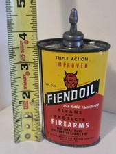 1940's ~VTG FIENDOIL ~3oz LEAD TOP OILER CAN GUN OIL ADVERTISING TIN~ DEVIL HEAD picture