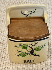 Vtg Moriyama Japan Ceramic Wall Hanging Salt Box Cellar Wood Lid Cherry Blossom picture