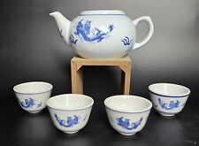 Vintage Pier 1 Blue & White Dragon Small Teapot & 4 Tea Cups RARE picture