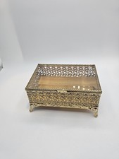 Vintage Antique Gilt Filigree Velvet Lined Beveled Glass Jewelry Box 6