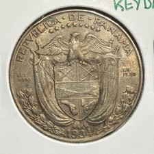 1934 Panama 1/2 Balboa SCARCE Silver Coin-30.6MM-KM#2.1-MINTAGE =90,000 picture
