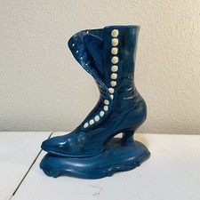 VTG Atlantic Mold Blue Ceramic Victorian High-top Button Boot Shoe Vase Planter picture
