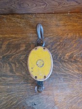 Large Vtg Yellow Madesco Products Easton PA Wood Pulley & Hook Block Tackle. picture