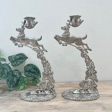 Godinger Vtg Silver Plated Leaping Reindeer Taper Candlestick Holders Pair of 2 picture